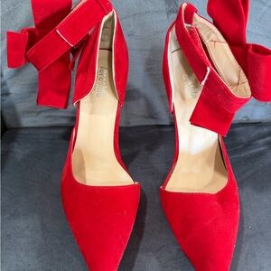 Fereshte Red Suede Pointed Toe Ankle Tie Heels